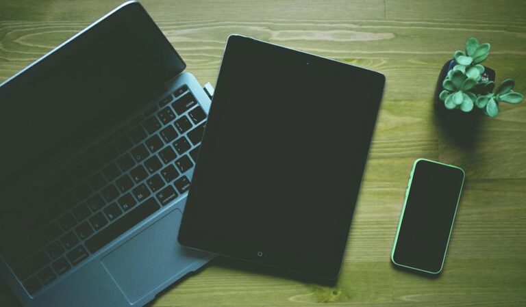 A top-down view of a workspace featuring a laptop, tablet, smartphone, and a small plant.