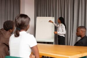 Business professionals engaged in a team meeting with a presentation on teamwork.