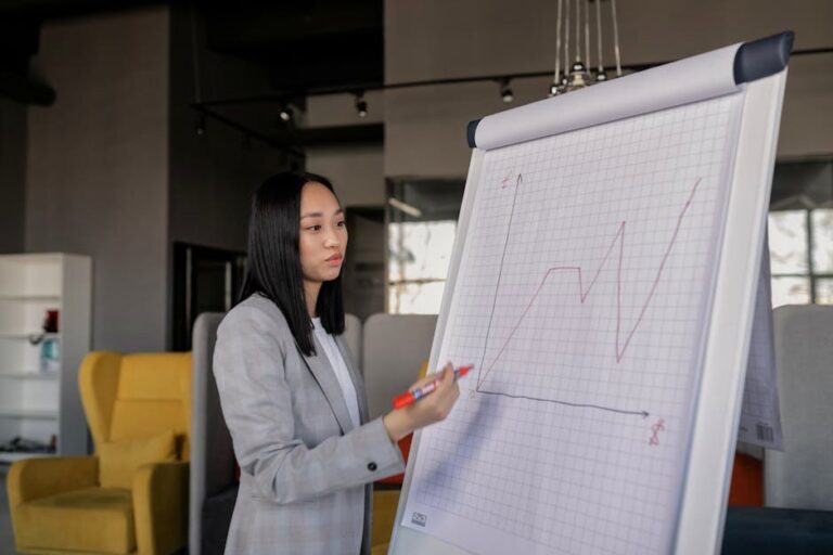 Asian businesswoman gives presentation on graph in office setting.