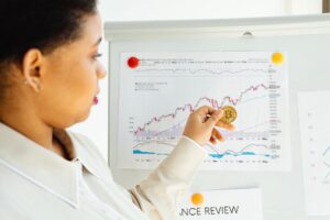 African American woman examines bitcoin and stock market trends on a whiteboard.