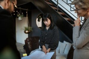 Professional team discussing project plans in a modern office environment.