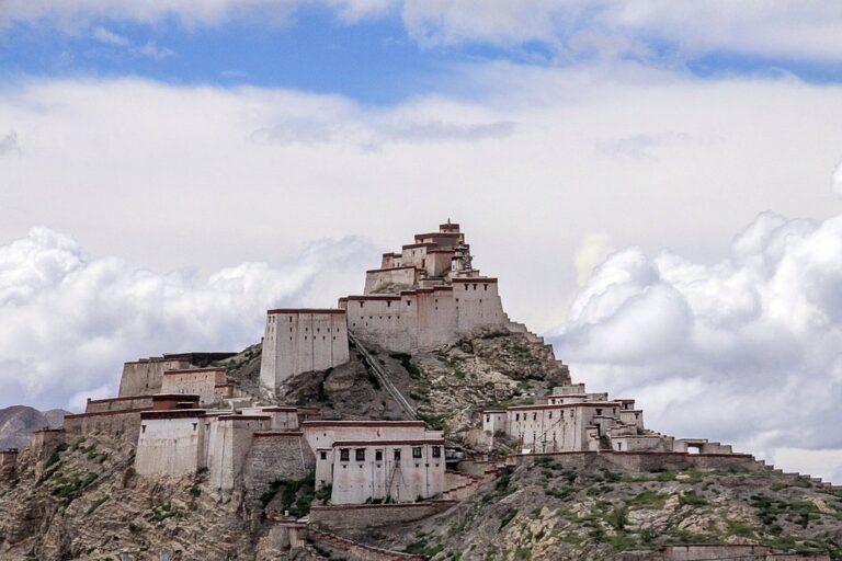asia autonomous region of tibet china nature buddhism fortress dzong gyantze mountain top defense systems tourism summer