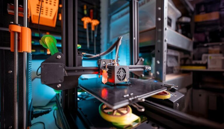 Detailed view of a 3D printer actively working in a workshop environment, showcasing modern technology.
