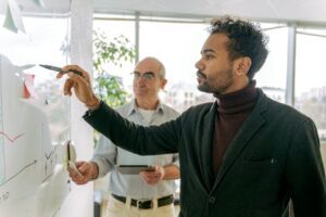 Business professionals collaborating on a project, strategizing on a whiteboard, fostering teamwork.