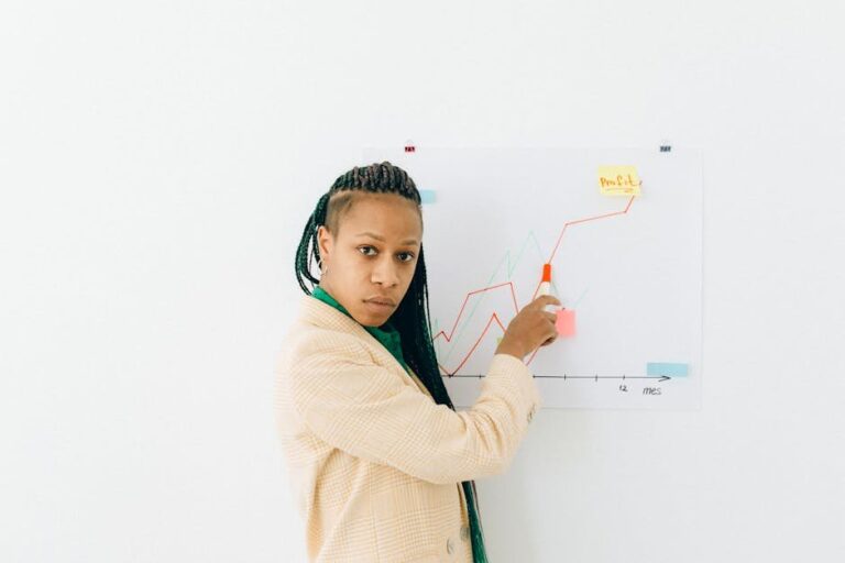 Confident woman explains financial data and growth strategy in a presentation.