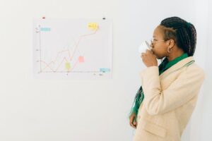 Professional woman in office attire drinking coffee while analyzing a financial graph indoors.