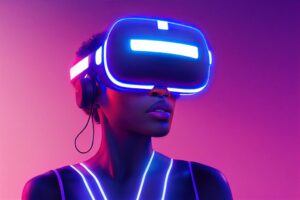 xr mr mixed reality virtual reality augmented reality african american female woman lady metaverse girl black america pink purple blue neon lighting
