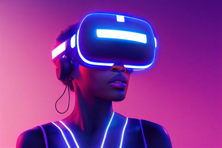 xr mr mixed reality virtual reality augmented reality african american female woman lady metaverse girl black america pink purple blue neon lighting
