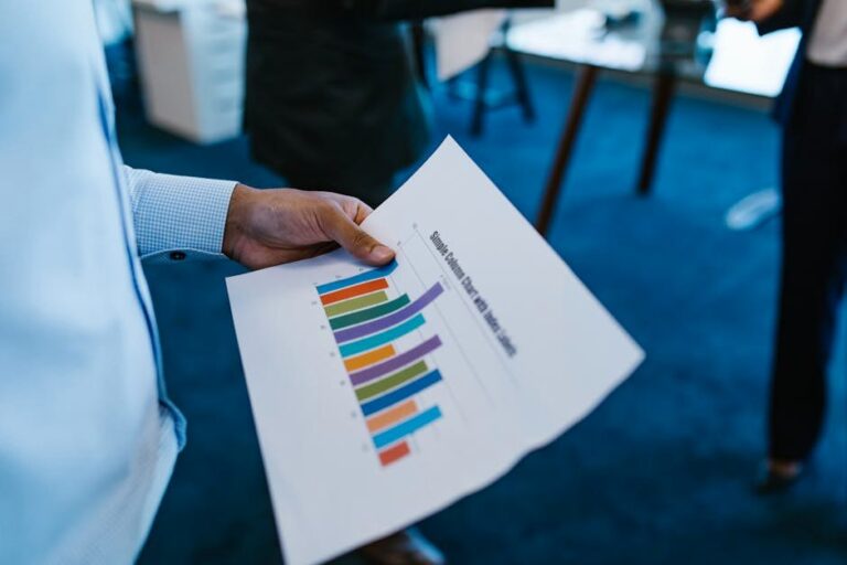 Business personnel reviewing a colorful bar chart report in an office setting.