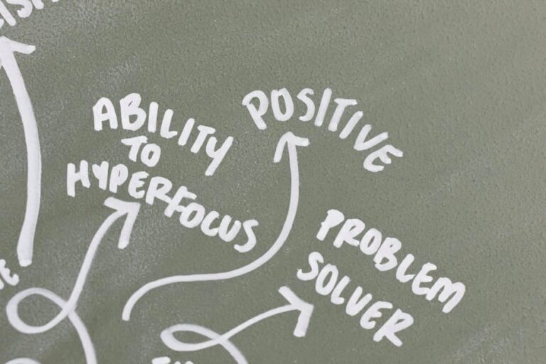 Chalkboard with positive words and phrases promoting a motivational and problem-solving mindset.