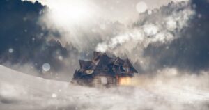 winter snow house landscape log cabin nature trees fog blizzard light dazzle snowflakes idyllic snow landscape afterglow romantic