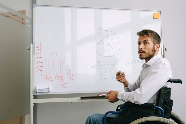 Businessman in wheelchair presenting data analysis on a whiteboard in office.
