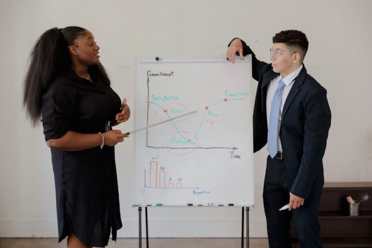 Two professionals discussing a business graph during a meeting.
