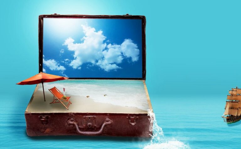 fantasy to travel travel vacations suitcase nature sea beach luggage dreams holiday plans travel plans surreal imagination image montage