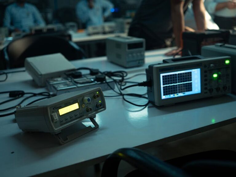 A dimly lit electronics lab featuring oscilloscopes and equipment on desks, creating a technical atmosphere.