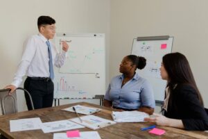 A diverse group of colleagues engaged in a business meeting with a whiteboard presentation and documents.