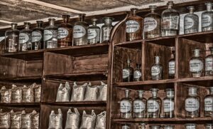 pharmacy antique old chemicals bottles glass bottles shelf formerly stock container bottle drink medicine tools heal remedies
